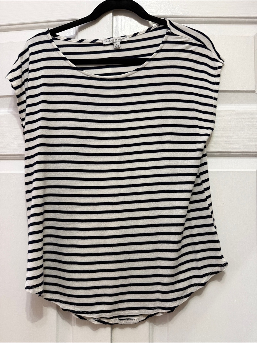 Green Envelope Black and White Striped Short Sleeve Tee